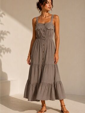 Stella Tweed Sleeveless Tiered Maxi Dress With Adjustable Straps Size Medium